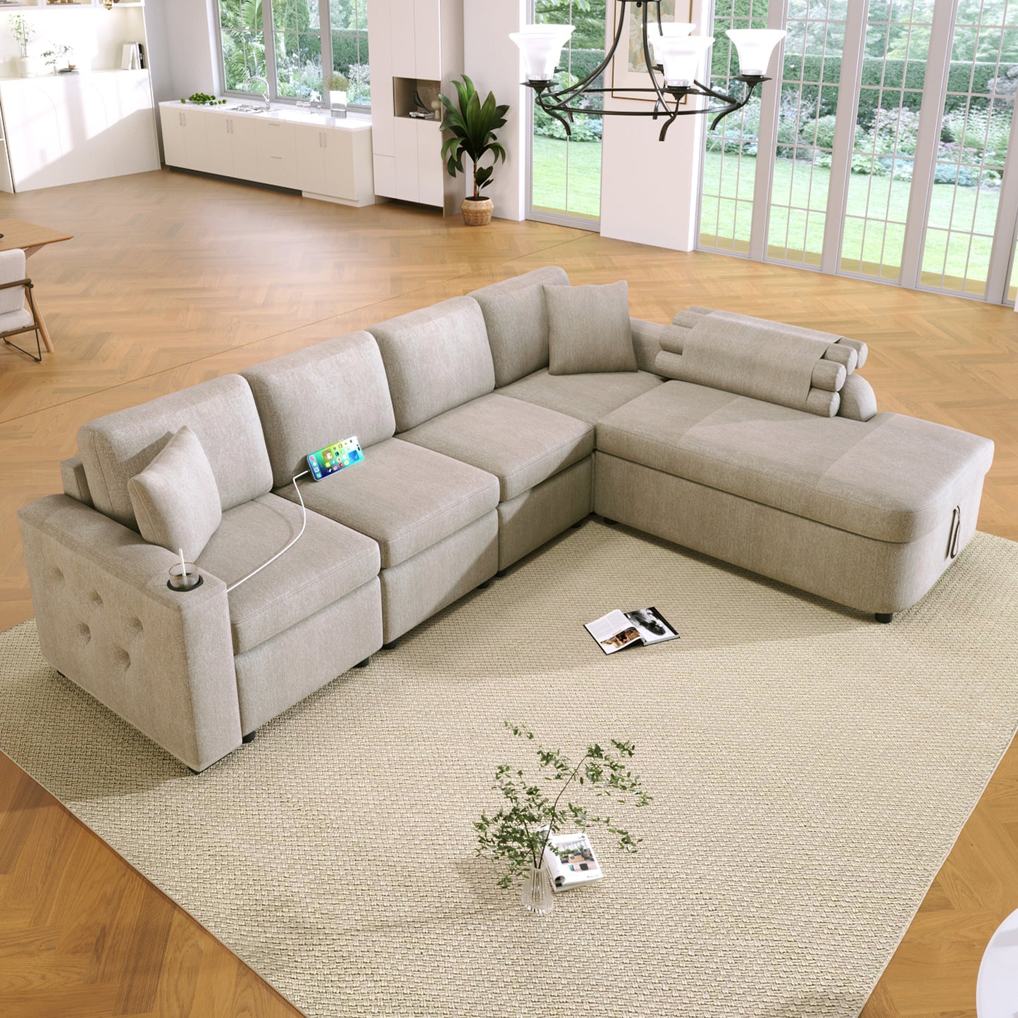 109.8"L-shaped Couch Sectional Sofa with Storage Chaise,Cup Holder and USB Ports for Living Room, Beige