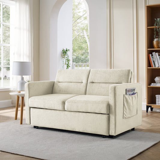 Loveseats Sofa Bed with Pull-out Bed,Adjsutable Back and Two Arm Pocket,Beige (54.5"x33"x31.5")