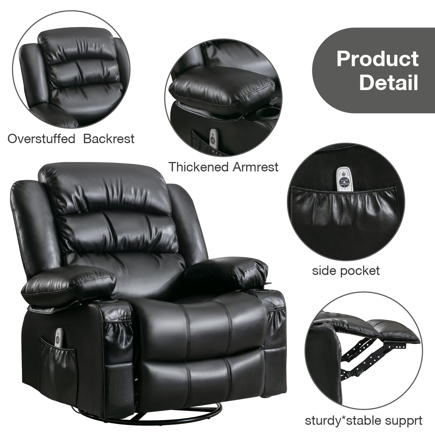 Massage Swivel Rocker Recliner Chair with Vibration Massage and Heat Ergonomic Lounge Chair for Living Room with Rocking Function and Side Pocket  2 Cup Holders USB Charge Port,black.