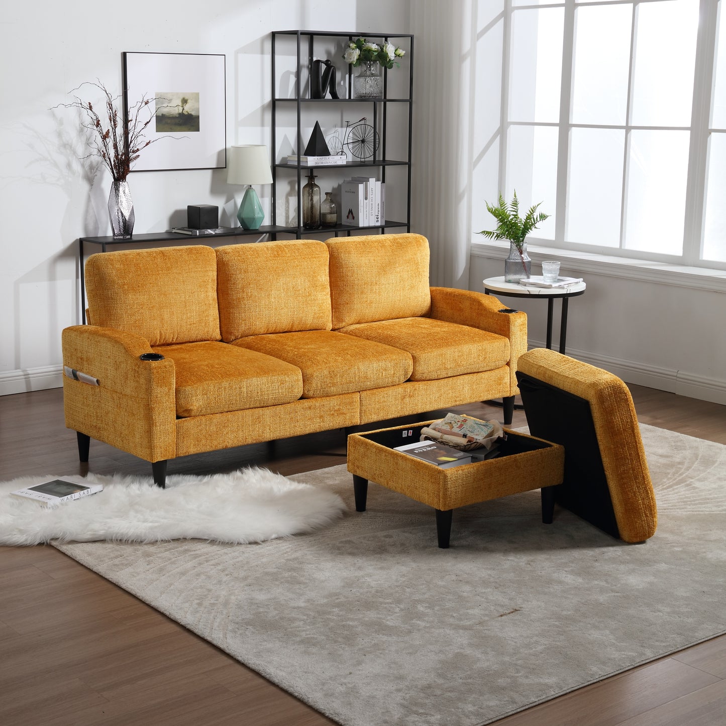 Sofa for three, solid wood frame, Chenille fabric, side pocket, with two cup holders, footstool with storagestorage sofa /Living room sofa cozy sectional sofa