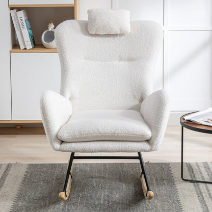 35.5 inch Rocking Chair with Pocket, Soft Teddy Fabric Rocking Chair for Nursery, Comfy Wingback Glider Rocker with Safe Solid Wood Base for Living Room Bedroom Balcony (white)