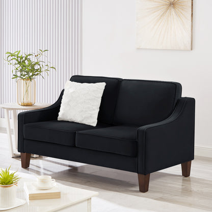 Modern Loveseat sofa for Living Room, Upholstered Velvet Small Couch with Wooden Legs for Livingroom Bedroom, Black