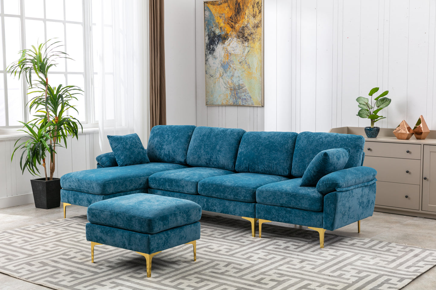 U-shape sectional sofa with Ottoman, Reversible Sofa Couch for Living Room,Spacious Furniture,Durable Couch Removable and machine washable cover (Light Blue Velvet)