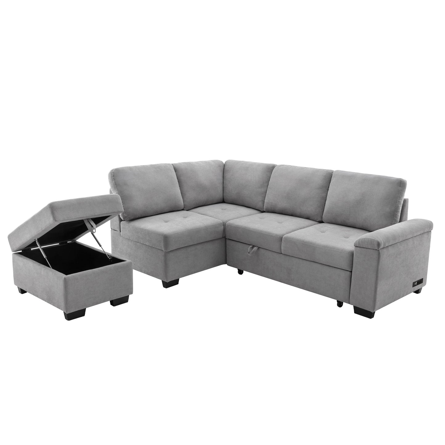 Sleeper Sectional Sofa, L-Shape Corner Couch Sofa-Bed with Storage Ottoman & Hidden Arm Storage & USB Charge for Living Room Apartment, Gray