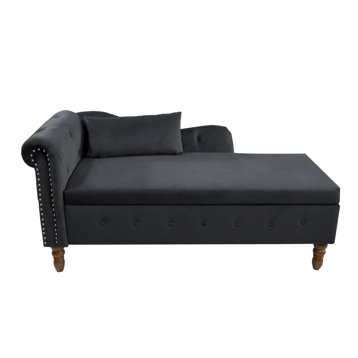 Black Chaise Lounge Indoor,Velvet Lounge Chair for Bedroom with Storage & Pillow,Modern Upholstered Rolled Arm Chase Lounge for Sleeping with Nailhead Trim for Living Room Bedroom Office