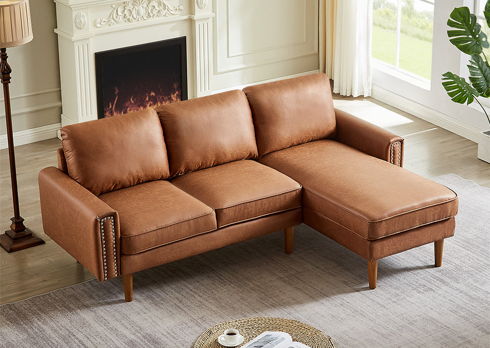 82.2"L-Shape Sofa Couch with Chais Mid-Century Copper Nail on Arms,strong wooden leg and suede fabric design that will complement any living space.Right Chaise, Brown