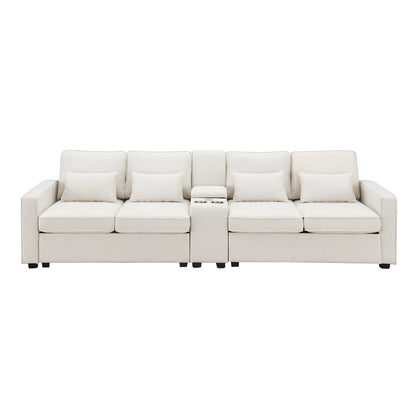 114.2" Upholstered Sofa with Console, 2 Cupholders and 2 USB Ports Wired or Wirelessly Charged, Modern Linen Fabric Couches with 4 Pillows for Living Room, Apartment