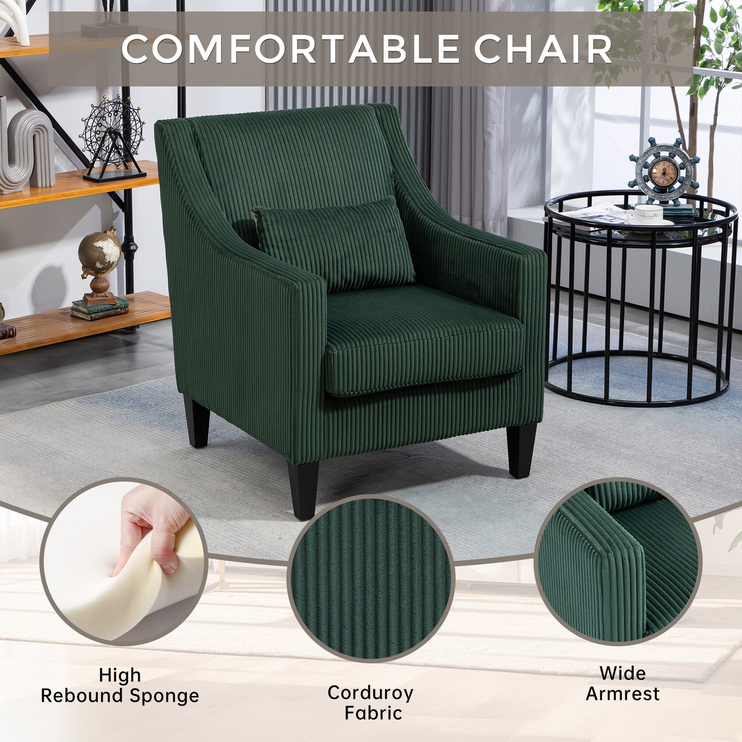 Modern Accent Chair,Upholstered Armchair with Scooped Arms for Bedroom,Apartment,Studio,Office,Waiting Room(Emerald Corduroy)