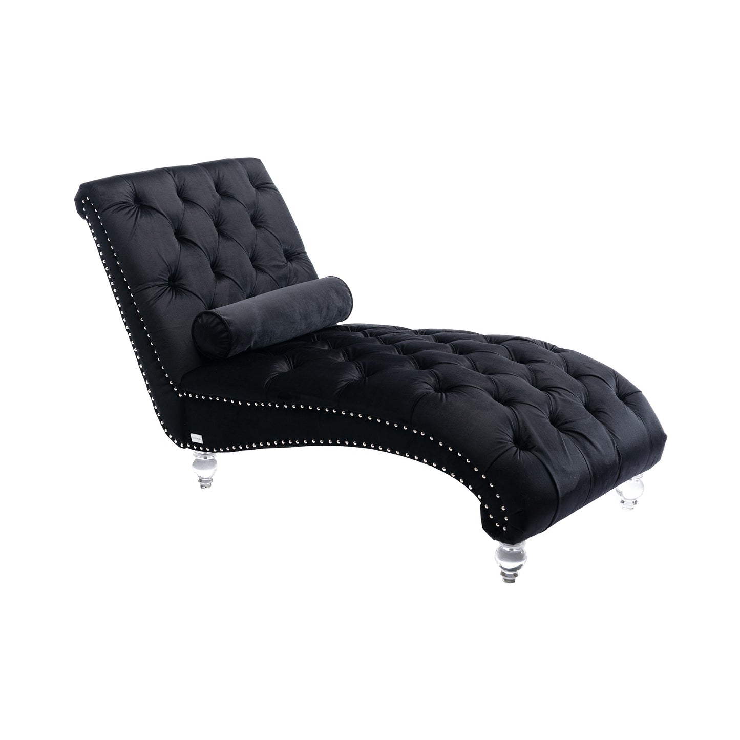 Velvet Chaise Lounge Indoor,Button-Tufted Upholstered Chaise Lounge Chair with Pillow for Bedroom Living Room Office (Black Velvet)