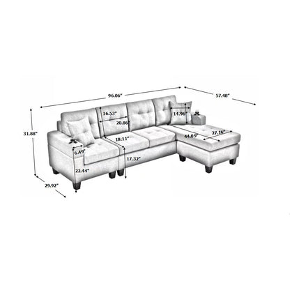 Sectional sofa left with footrest, convertible corner sofa with armrest storage, sectional sofa for living room and apartment, chaise longue left (grey)