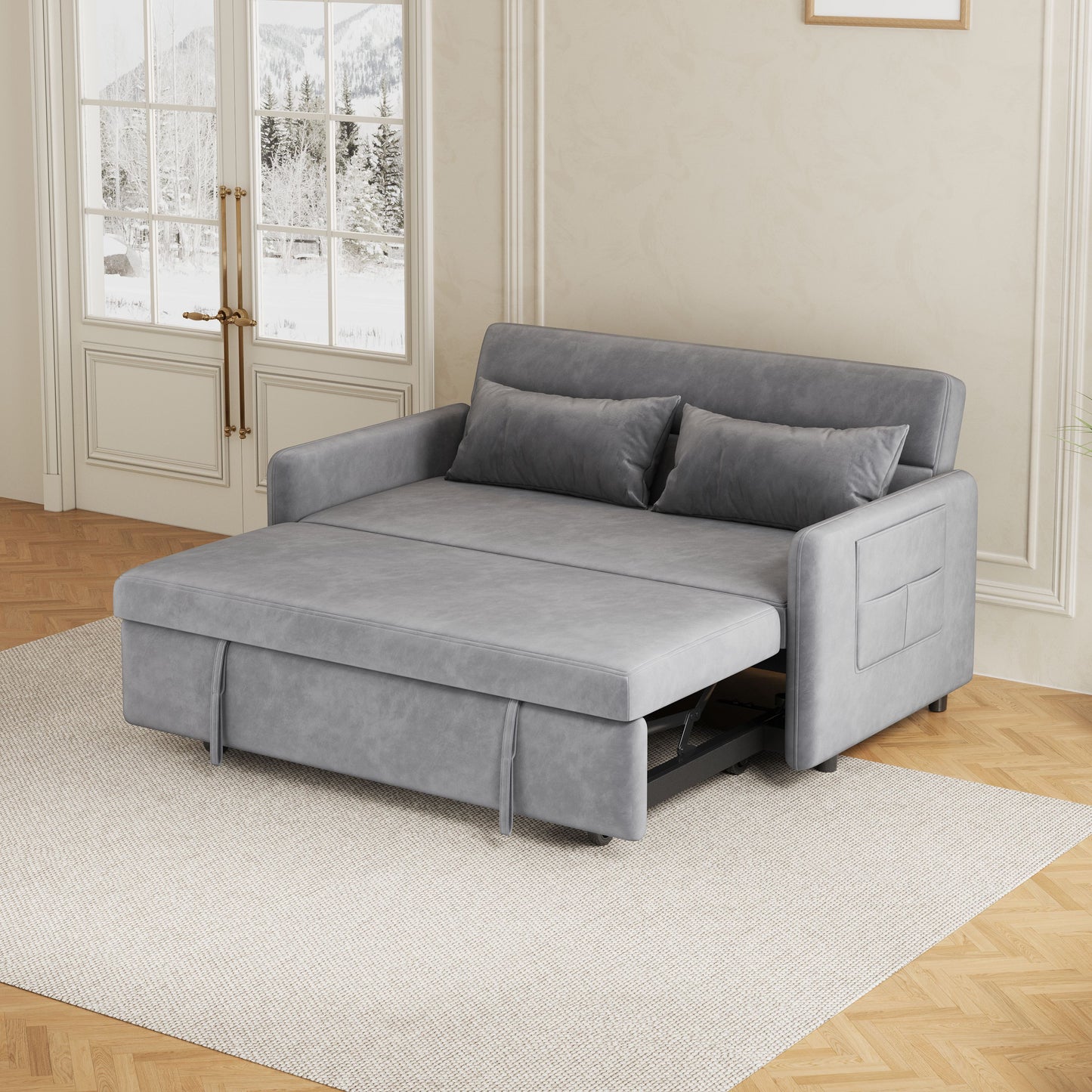 Sofa Pull Out Bed Included Two Pillows 54" Grey Velvet Sofa for Small Spaces