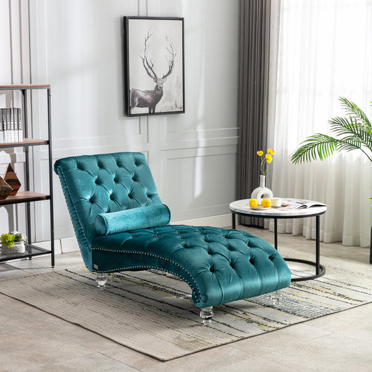 Velvet Chaise Lounge Indoor,Button-Tufted Upholstered Chaise Lounge Chair with Pillow for Bedroom Living Room Office (Teal Velvet)