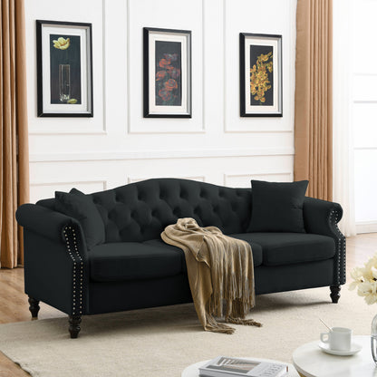 79" Chesterfield Sofa Black Velvet for Living Room, 3 Seater Sofa Tufted Couch with Rolled Arms and Nailhead for Living Room, Bedroom, Office, Apartment, two pillows