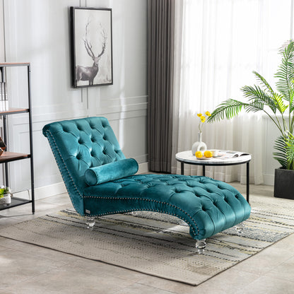 Velvet Chaise Lounge Indoor,Button-Tufted Upholstered Chaise Lounge Chair with Pillow for Bedroom Living Room Office (Teal Velvet)