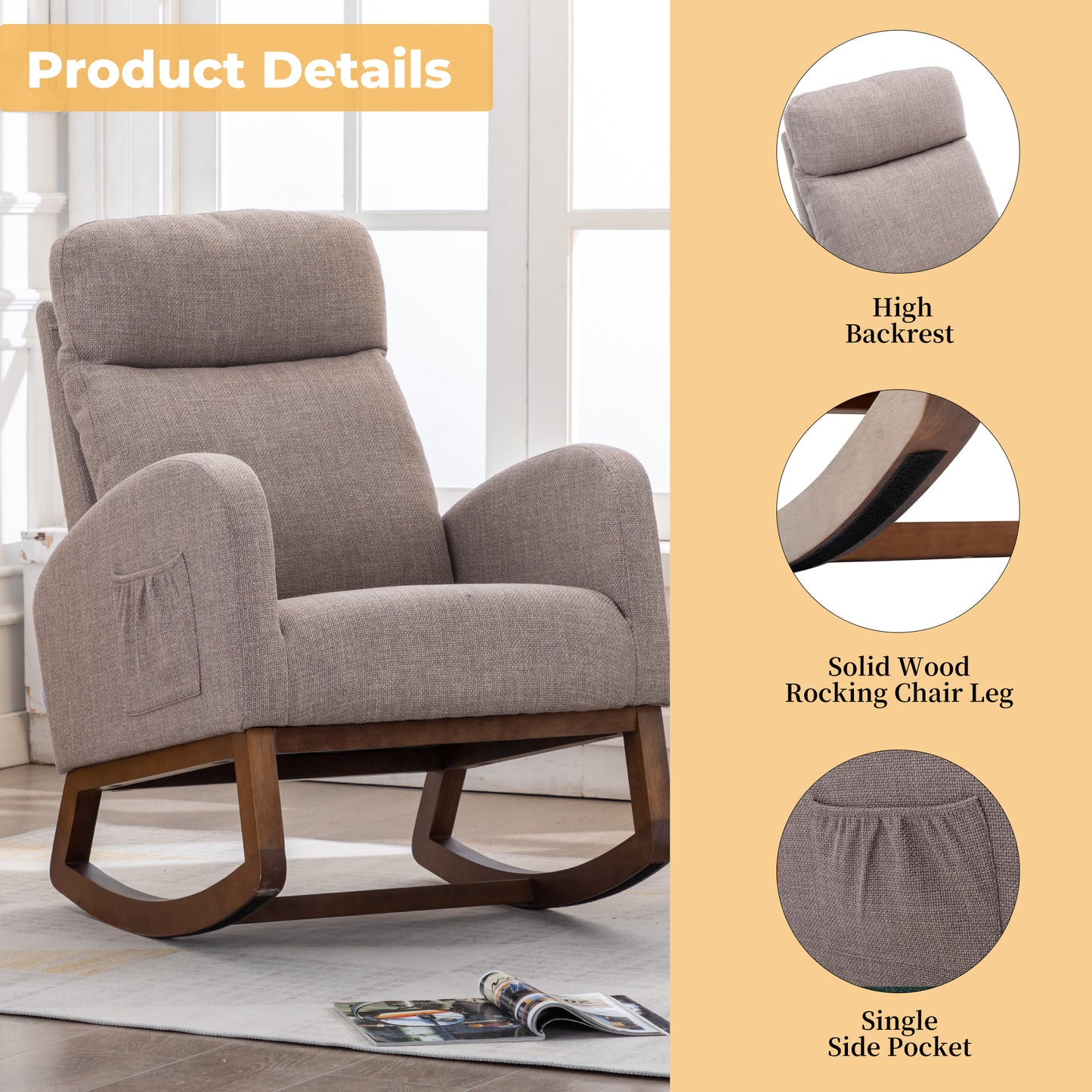 Rocking Chair, Modern Glider Chair, Recliner Armchair with Wood Legs and Side Pocket, Nursery Rocking Accent Chair with High Back for Living Room Bedroom (Grey linen)