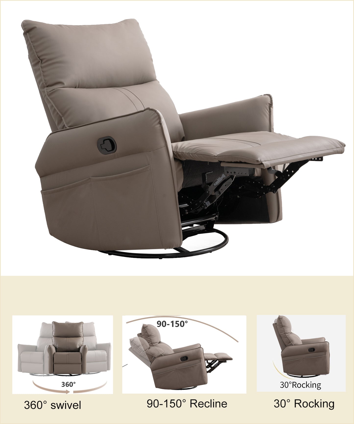 Rocking Recliner Chair,360 Degree Swivel Nursery Rocking Chair,Glider Chair,Modern Small Rocking Swivel Recliner Chair for Bedroom,Living Room Chair Home Theater Seat,Side Pocket(Brown)