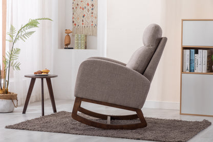 Rocking Chair, Modern Glider Chair, Recliner Armchair with Wood Legs and Side Pocket, Nursery Rocking Accent Chair with High Back for Living Room Bedroom (Grey linen)