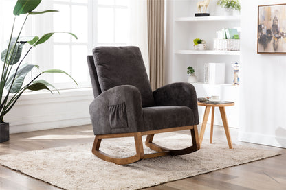 Rocking Chair, Modern Glider Chair, Recliner Armchair with Wood Legs and Side Pocket, Nursery Rocking Accent Chair with High Back for Living Room Bedroom (Dark Gray linen)