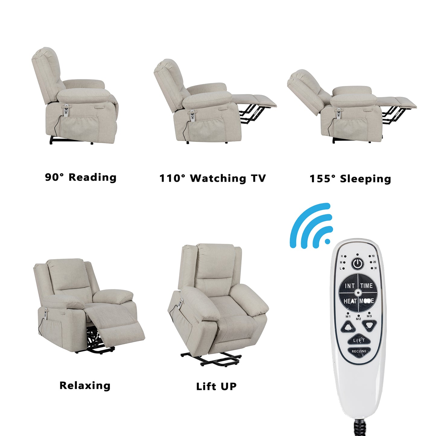 Electric Power Recliner Chair With Massage For Elderly,Remote Control Multi-function Lifting, Timing, Cushion Heating Chair With Side Pocket Beige