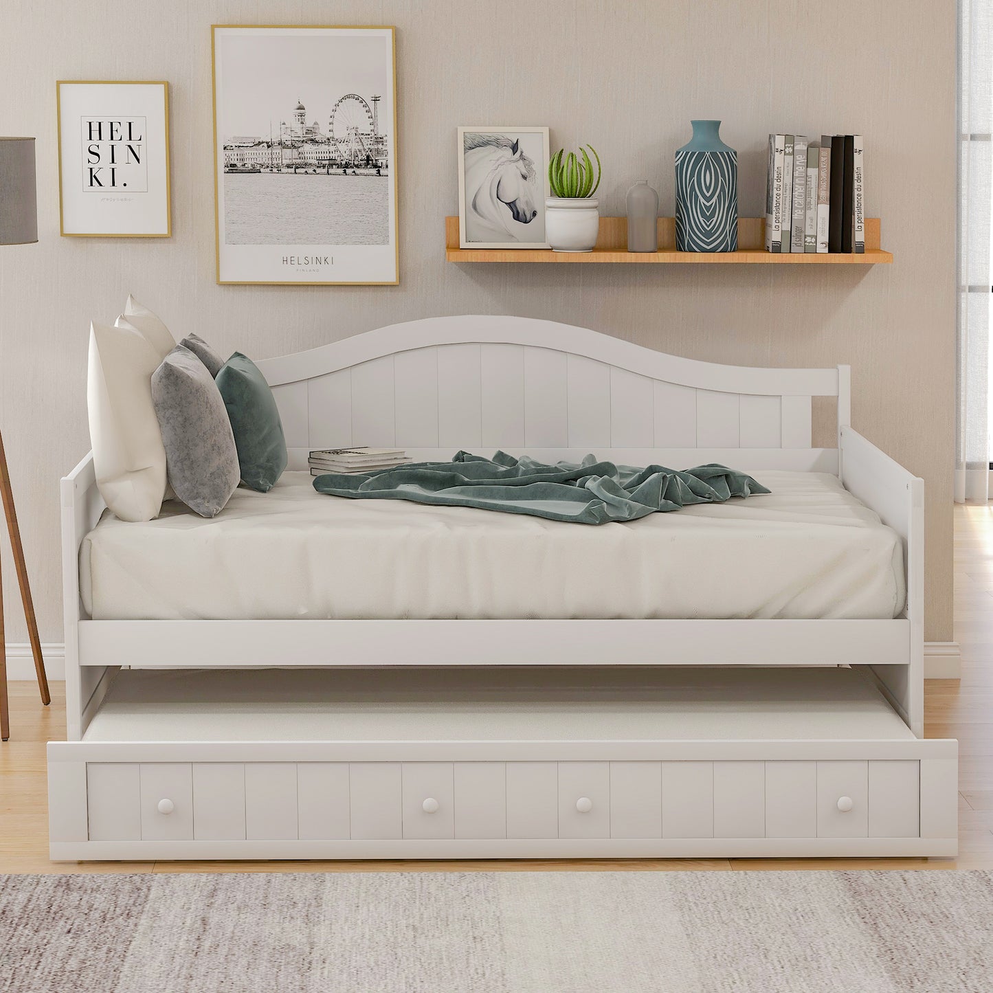 Wooden Daybed with Trundle Bed, Sofa Bed for Bedroom Living Room,White