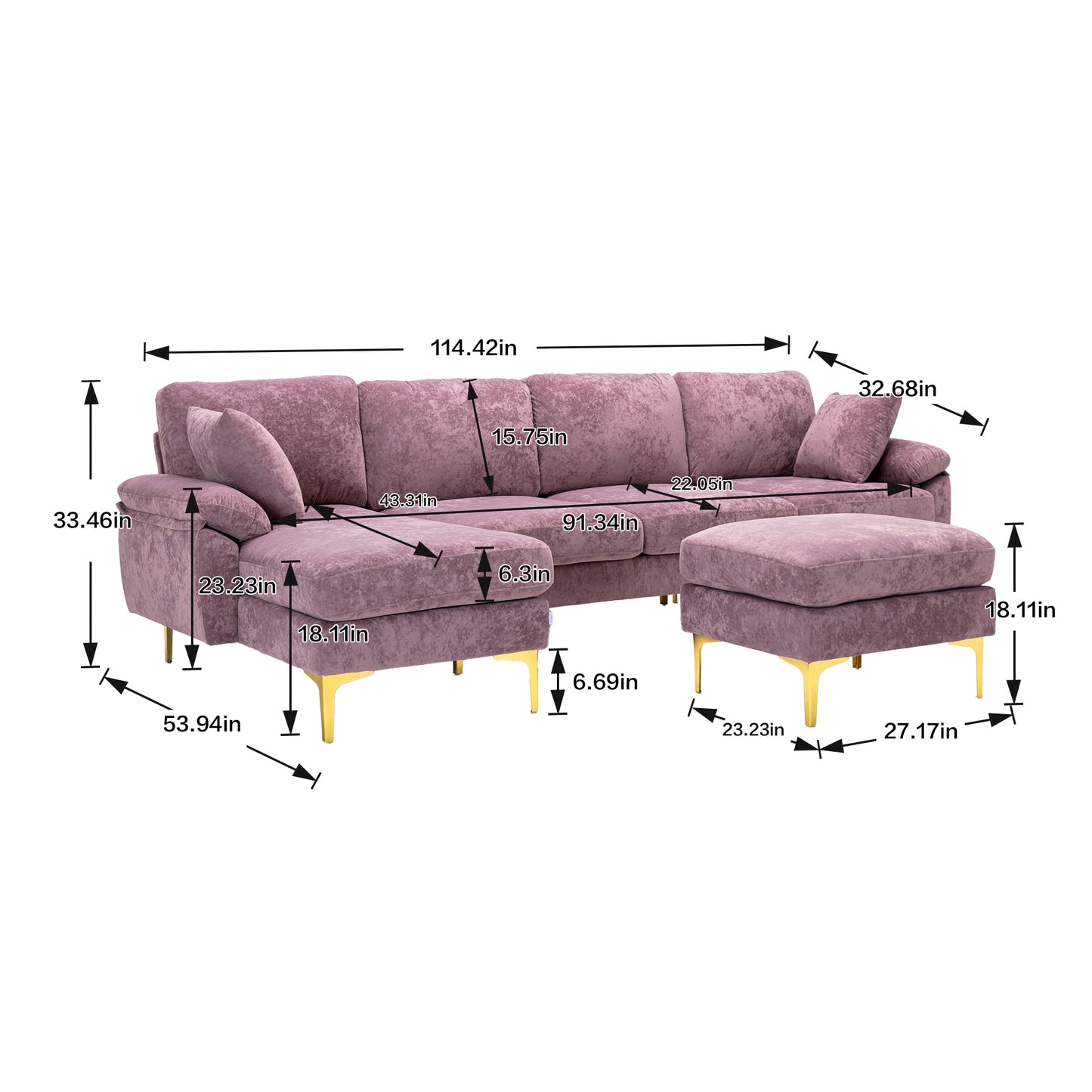 U-shape sectional sofa with Ottoman, Reversible Sofa Couch for Living Room,Spacious Furniture,Durable Couch Removable and machine washable cover (Purple Velvet)