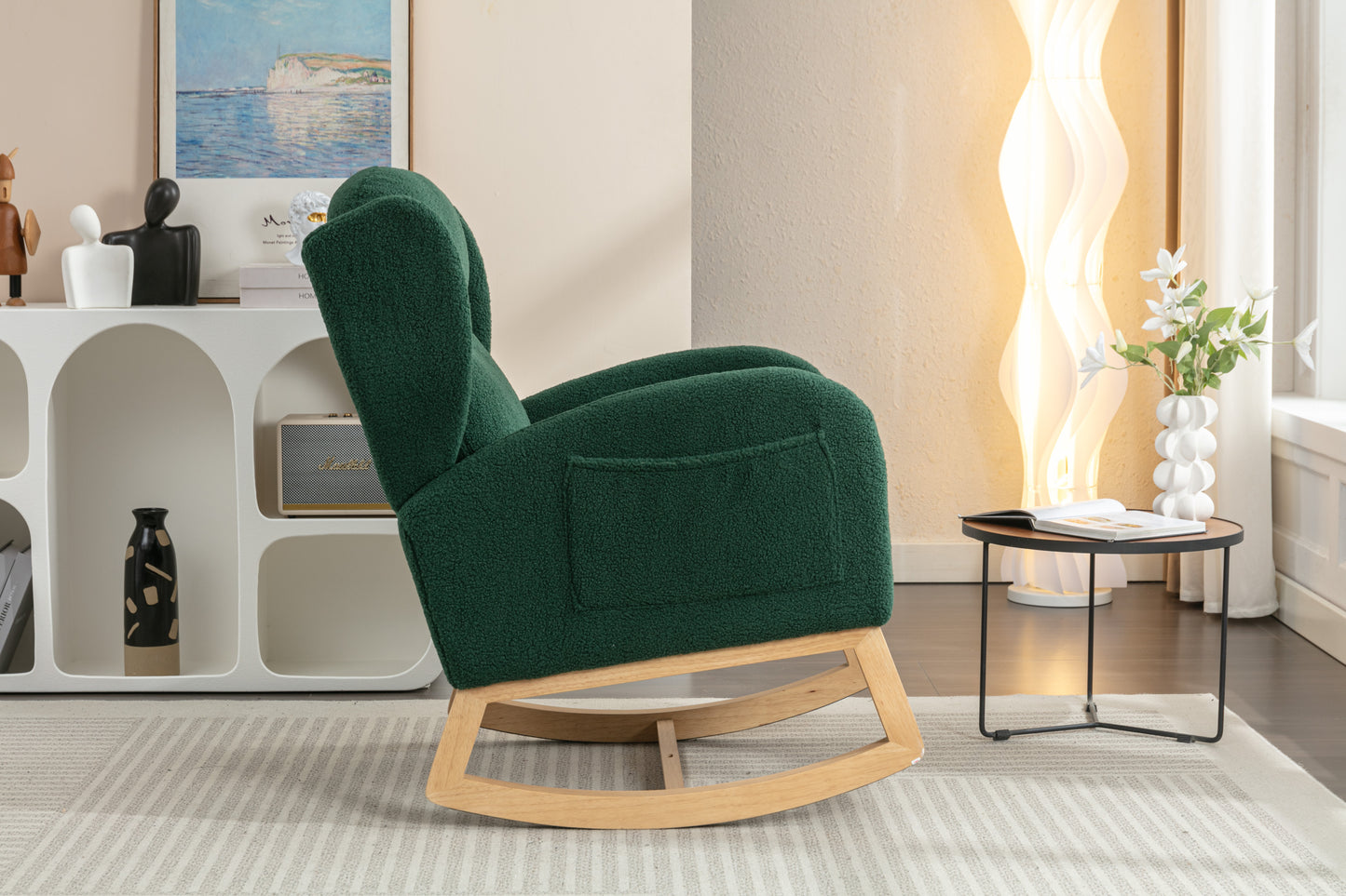 049-Teddy Fabric Rocking Chair With Packet Wood Legs,Green