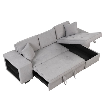 104.5" Pull Out Sleeper Sofa Reversible L-Shape 3 Seat Sectional Couch with Storage Chaise and 2 Stools for Living Room Furniture Set,Gray