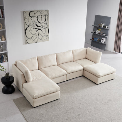 Modular Sofa with Ottoman,Filled with Down,Soft Linen Fabric,Beige