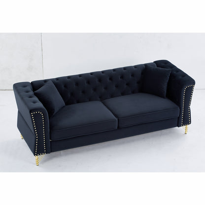 81.8" Chesterfield Sofa Grey Velvet for Living Room, 3 Seater Sofa Tufted Couch with metal foot and Nailhead for Living Room, Bedroom, Office, Apartment, two pillows