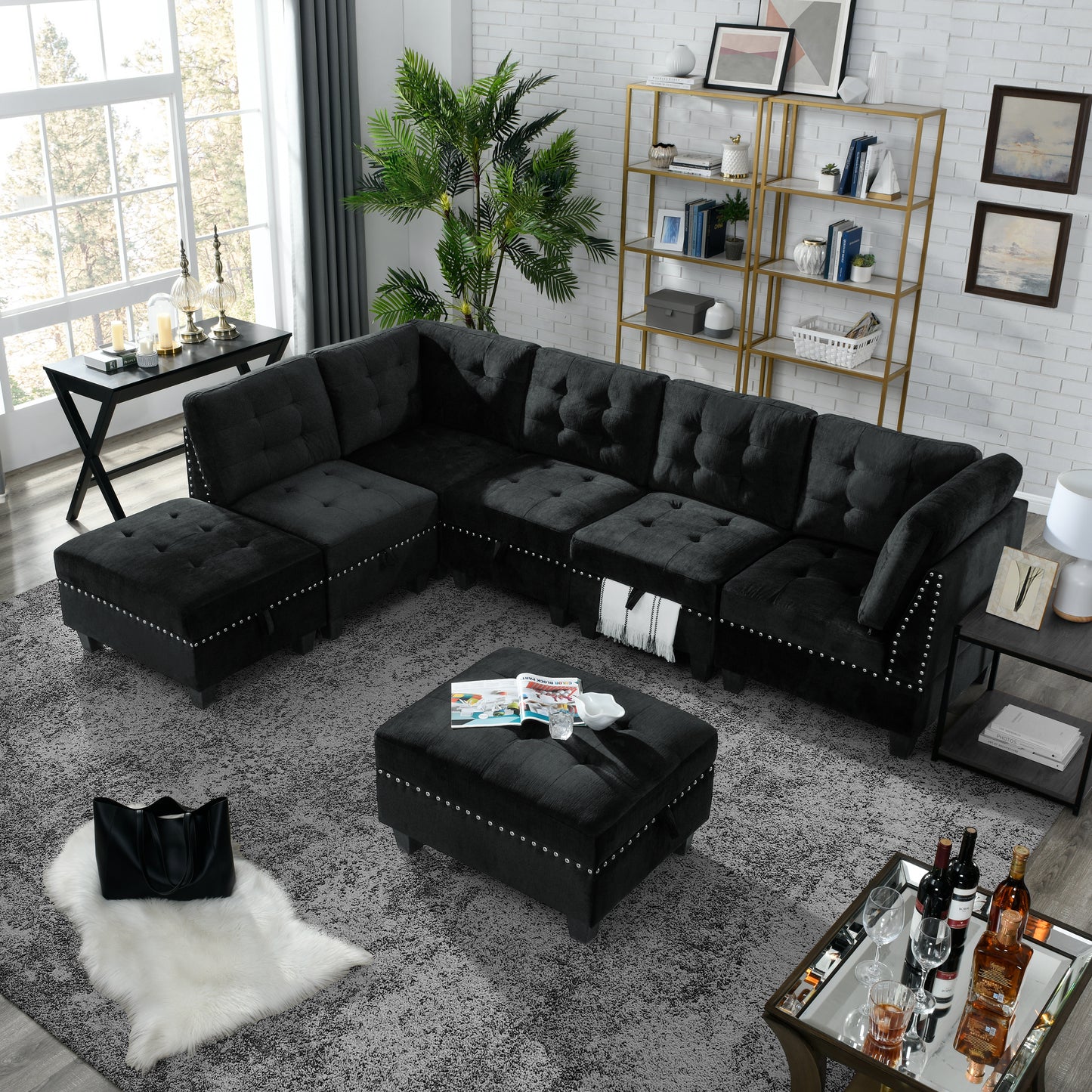 L shape Modular Sectional Sofa,DIY Combination,includes Three Single Chair,Two Corner and Two Ottoman,Black Velvet.