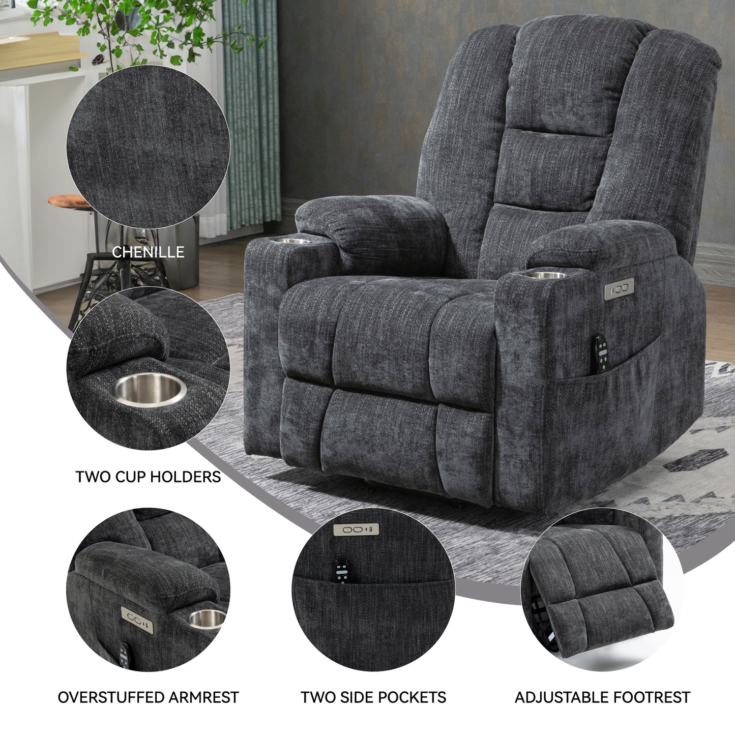 Large Power Lift Recliner Chair with Massage and Heat for Elderly, Overstuffed Wide Recliners, Heavy Duty Motion Mechanism with USB and Type C Ports, 2 Steel Cup Holders, Gray