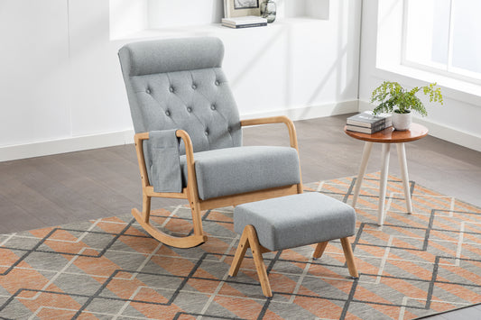 Rocking Chair With Ottoman, Mid-Century Modern Upholstered Fabric Rocking Armchair, Rocking Chair Nursery with Thick Padded Cushion, High Backrest Accent Glider Rocker Chair for Living Room