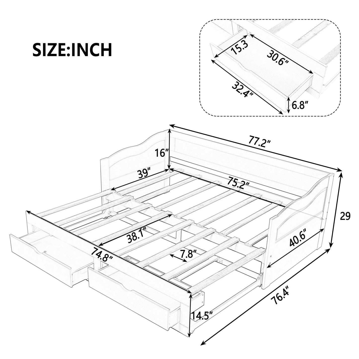 Wooden Daybed with Trundle Bed and Two Storage Drawers, Extendable Bed Daybed,Sofa Bed with Two Drawers, Espresso