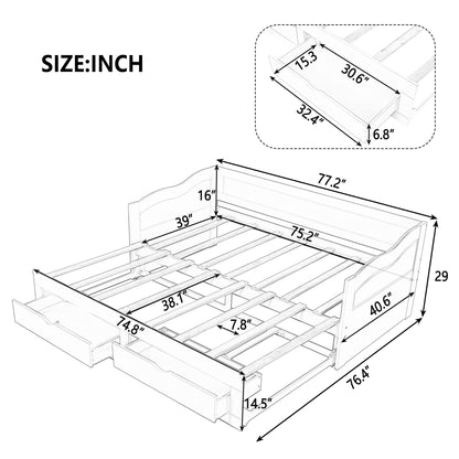 Wooden Daybed with Trundle Bed and Two Storage Drawers, Extendable Bed Daybed,Sofa Bed with Two Drawers, Espresso