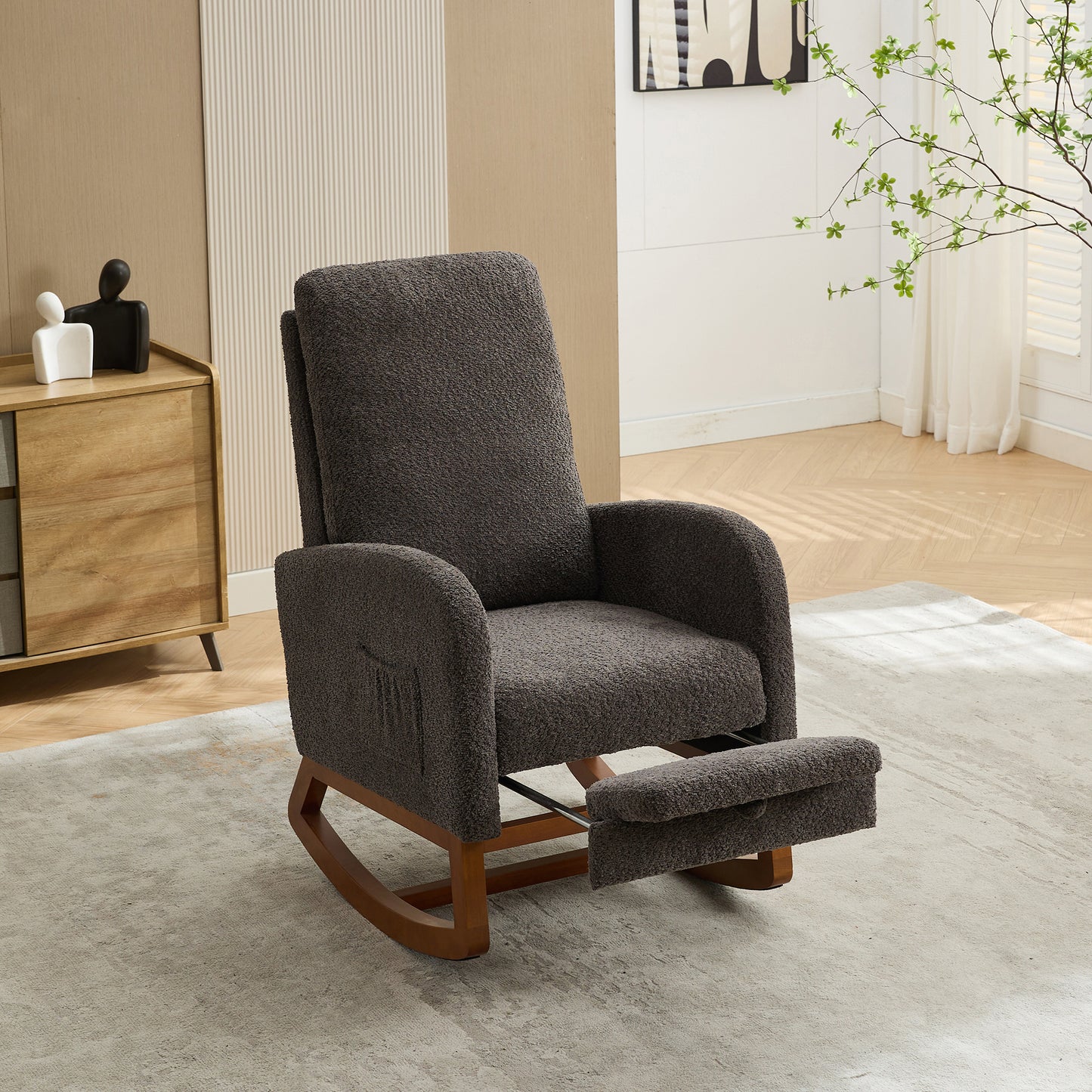 25.4"W Rocking Chair for Nursery, High Back Glider Chair with Retractable Footrest, Side Pocket, Rocking Accent Armchair with Rubber Wood Legs for Living Room/Bedroom.Charcoal