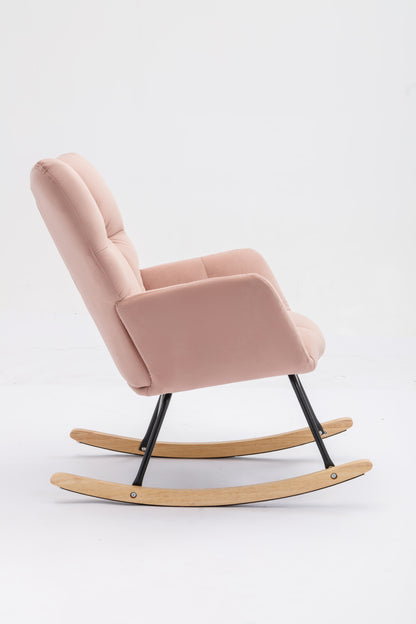 Mid Century Modern Velvet Tufted Upholstered Rocking Chair Padded Seat for Living Room Bedroom, Pink