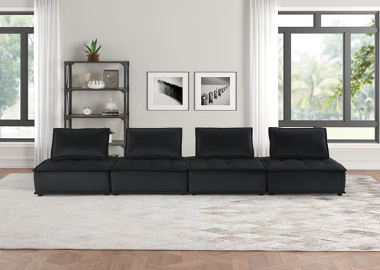 160" Black Velvet 4-Seater Modular Sofa