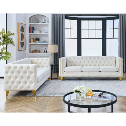 Velvet Sofa for Living Room,Buttons Tufted Square Arm Couch, Modern Couch Upholstered Button and Metal Legs, Sofa Couch for Bedroom, Beige Velvet,2PCS