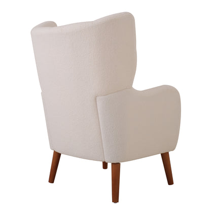 Mid-Century Accent Chair, Ivory White, Modern Retro Club Chair, Birch Frame, Upholstered Teddy Wool Fabric, Single Sofa Armchair for Small Spaces, Living Room, Bedroom, Reading Corner, Balcony,Office