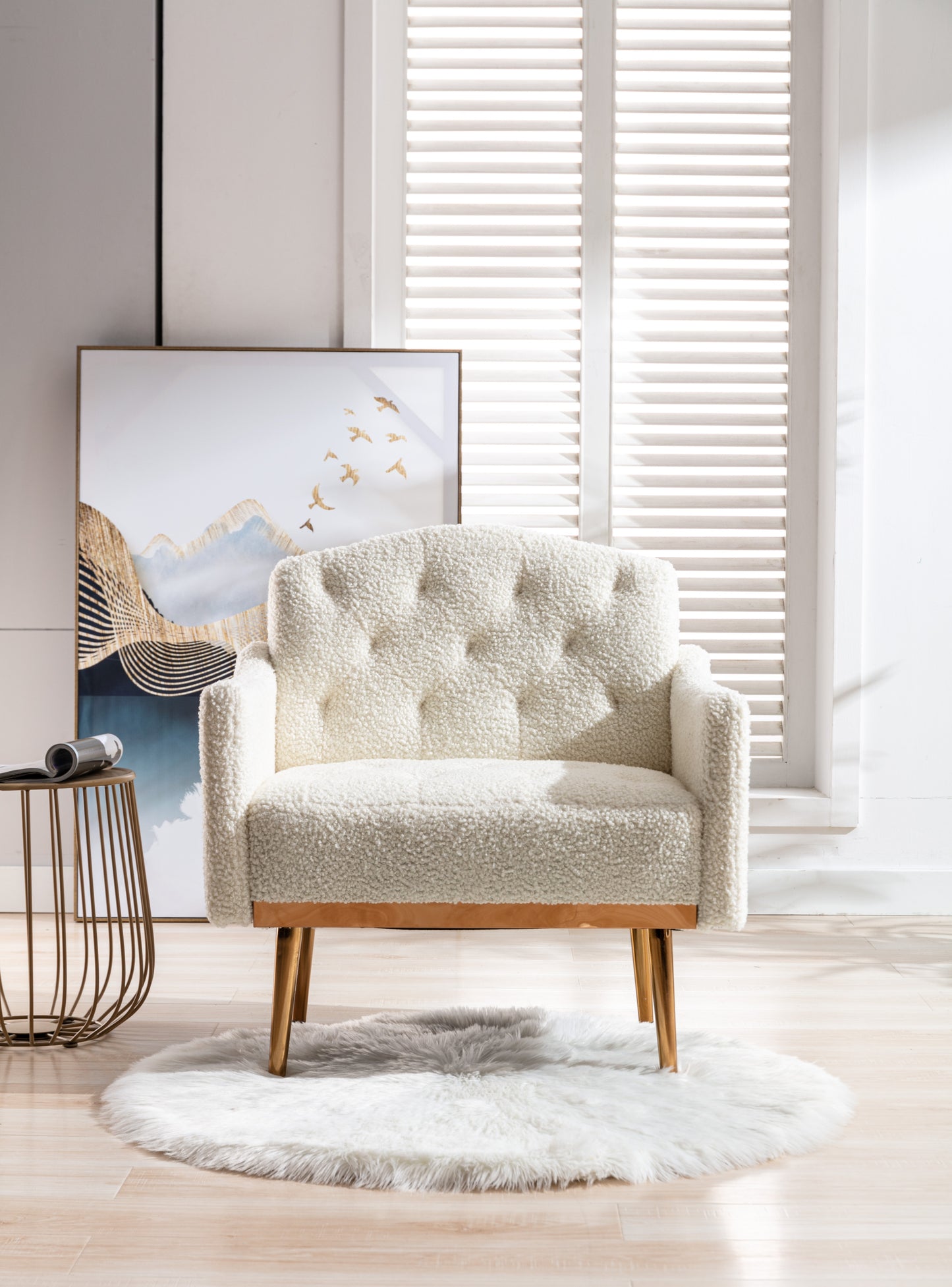 Modern Accent Chair with Arms, Tufted Decorative Fabric Armchair with Gold Metal Legs, Upholstered Reading Chair for Living Room Bedroom Office