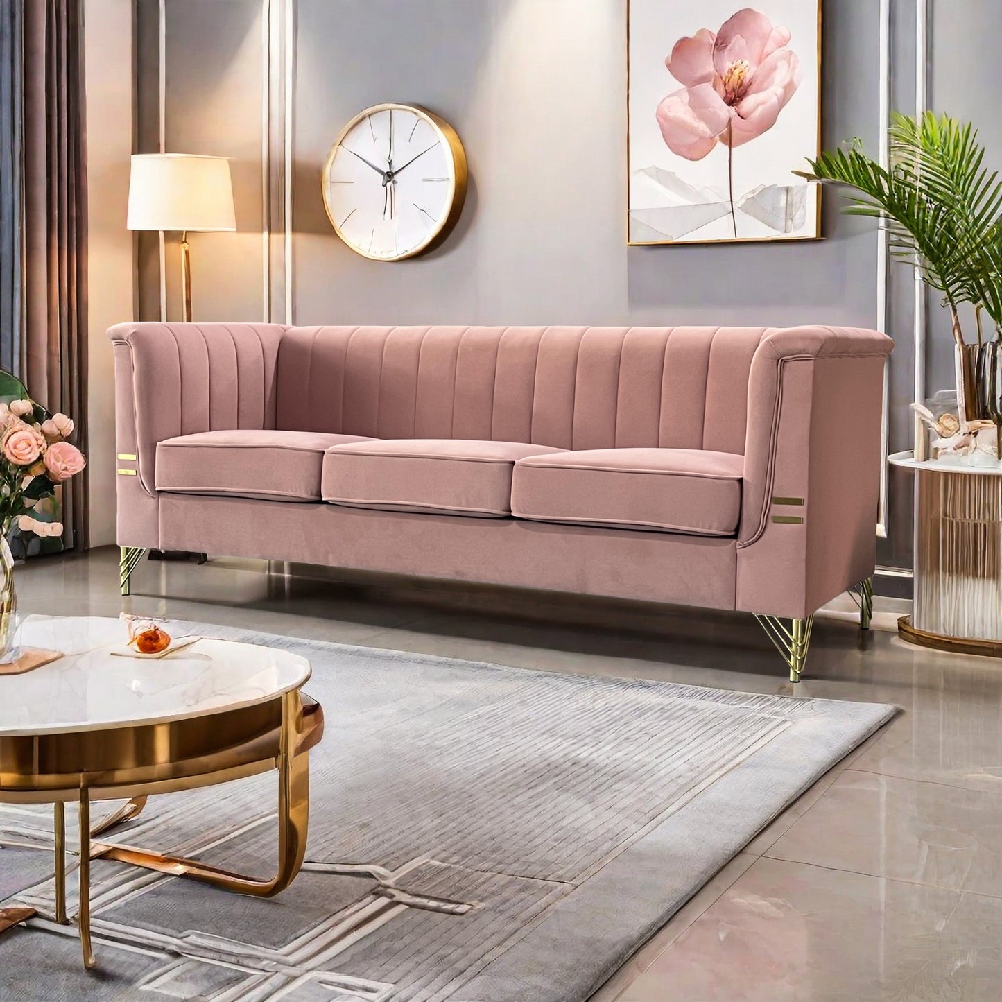 Modern Designs Velvet Upholstered Living Room Sofa, 3 Seat Sofa Couch with Golden Metal Legs for Home, Apartment or Office Pink SOFA