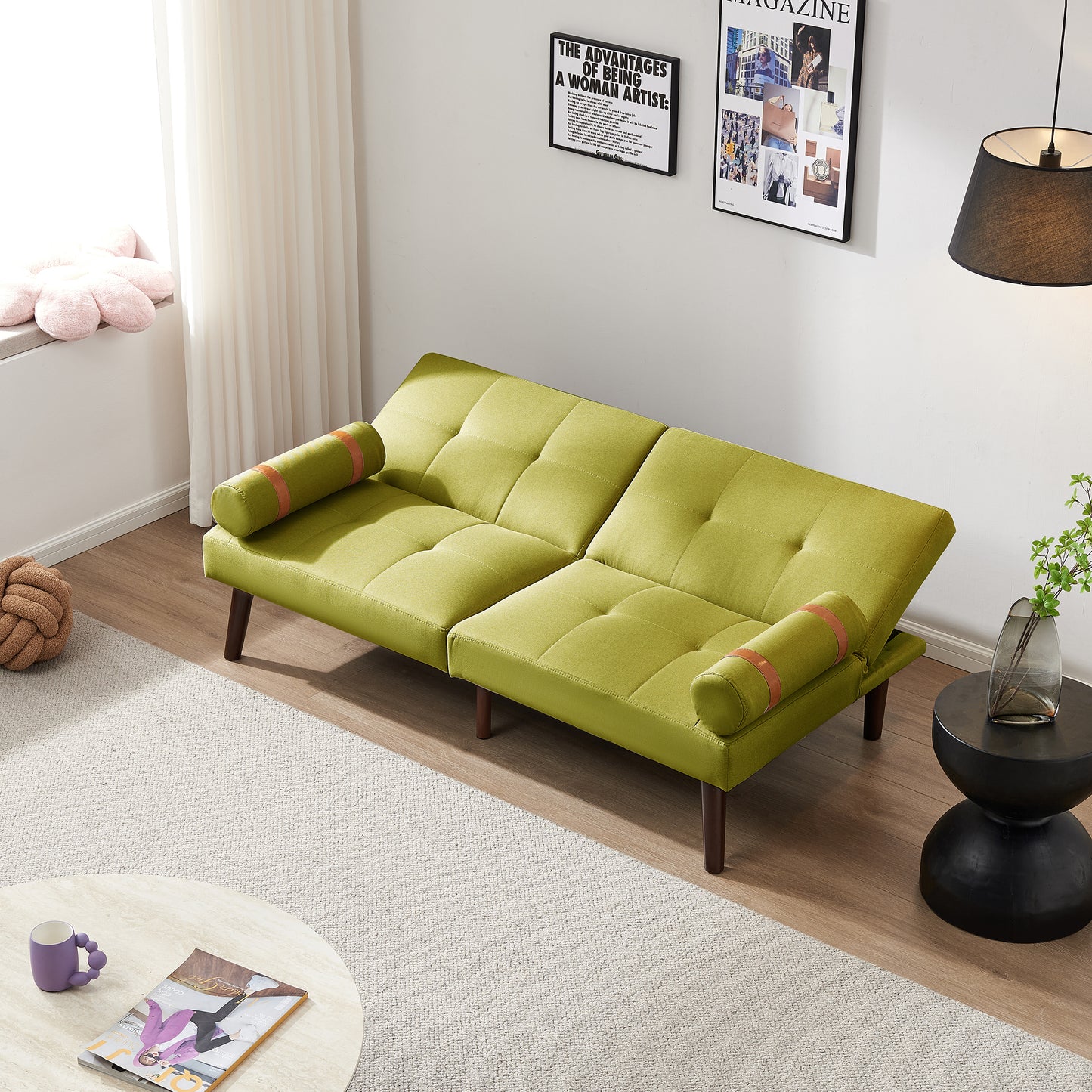 Convertible Sofa Bed Futon with Solid Wood Legs Linen Fabric Musterd Green