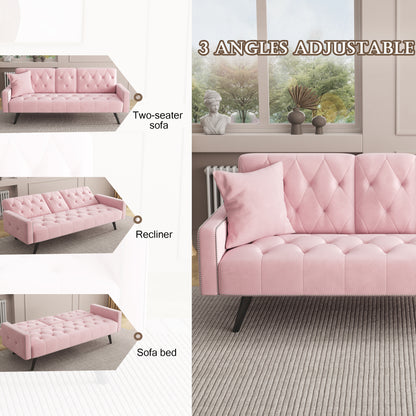 1730 Sofa Bed Armrest with Nail Head Trim with Two Cup Holders 72" Pink Velvet Sofa for Small Spaces