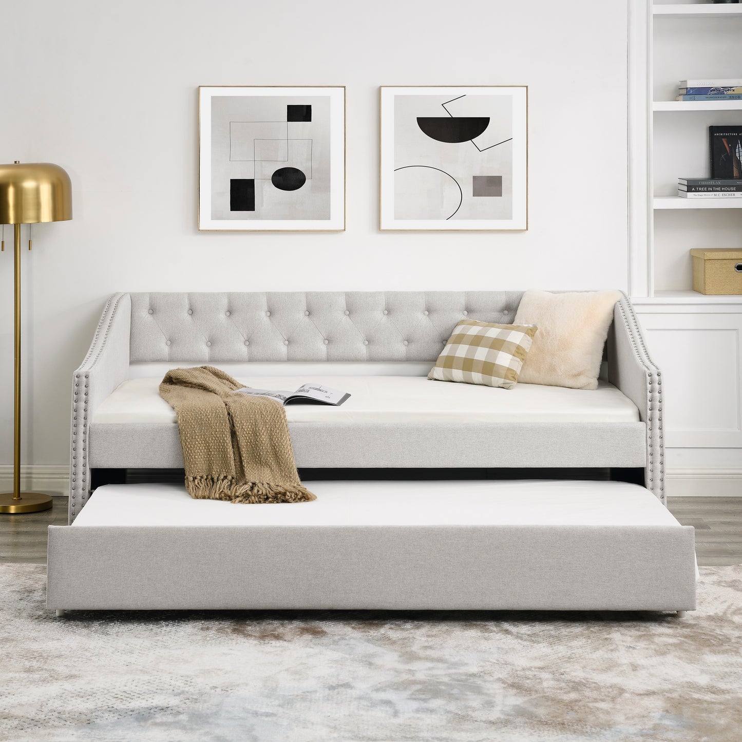 Size Daybed with Twin Size Trundle Upholstered Tufted Sofa Bed, with Button on Back and Copper Nail on Waved Shape Arms, Beige (80.5"x41"x30.5")