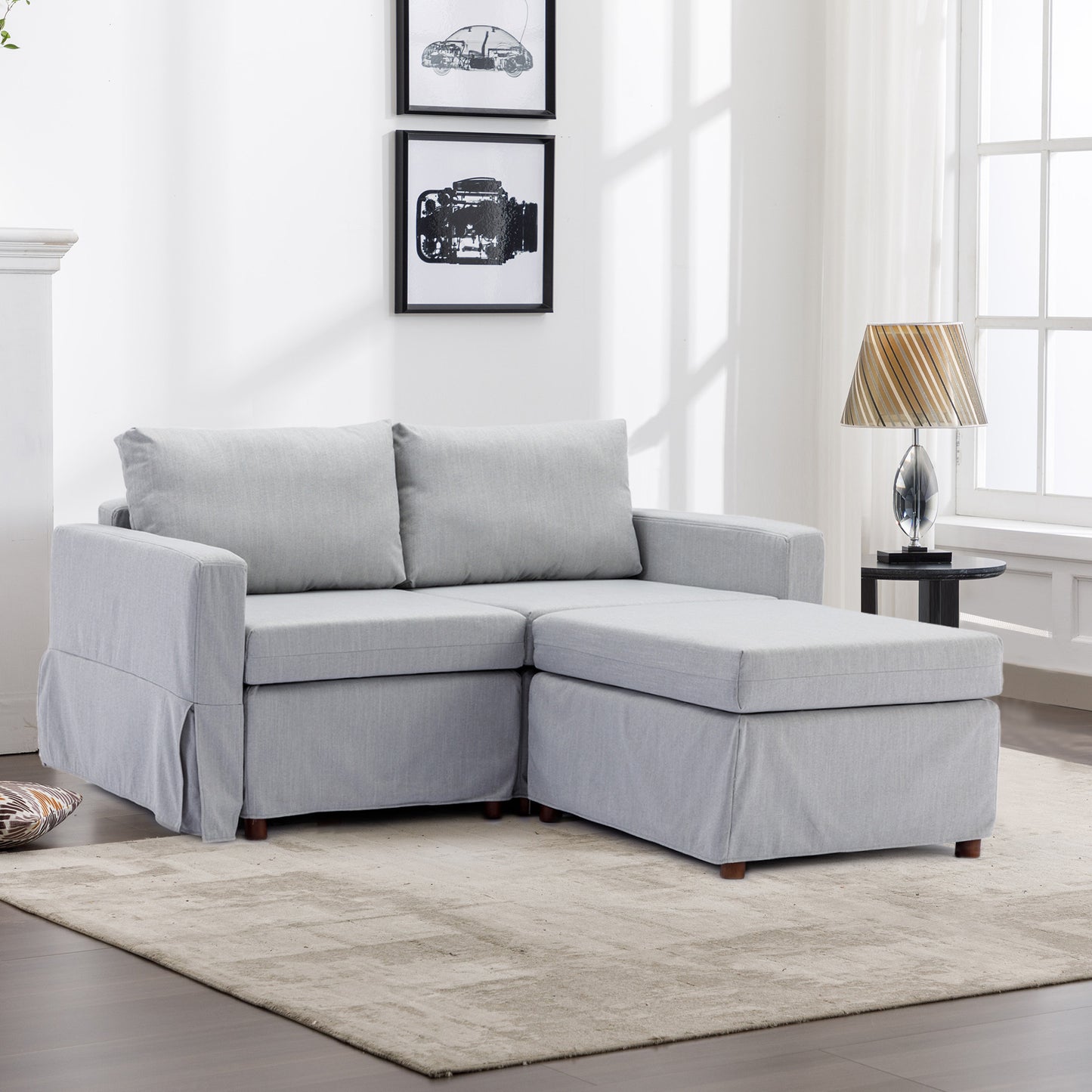 2 Seat Module Sectional Sofa Couch With 1 Ottoman,Seat Cushion and Back Cushion Removable and Washable,Light Grey