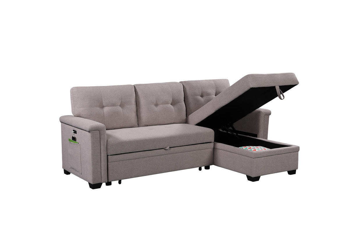 84" Light Gray Reversible Sleeper Sectional Sofa with Storage Chaise, USB Charging Ports and Pocket