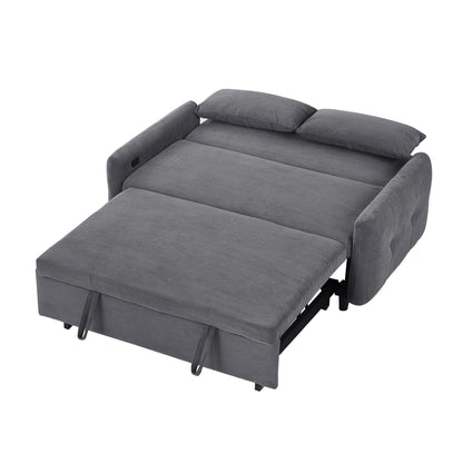 57.48" Pull-out Sofa Bed Convertible Couch 2 Seat Loveseat Sofa Modern Sleeper Sofa with Two Throw Pillows and USB Ports for Living Room, Dark Grey