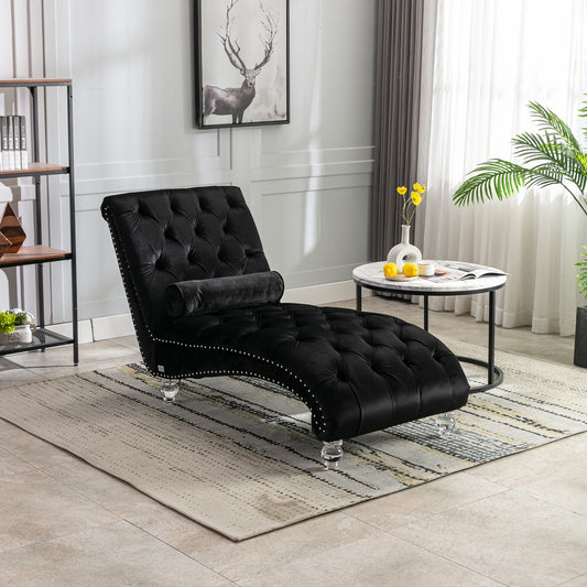 Velvet Chaise Lounge Indoor,Button-Tufted Upholstered Chaise Lounge Chair with Pillow for Bedroom Living Room Office (Black Velvet)