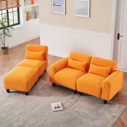 The 84.6-inch orange teddy fleece creative sofa can be assembled into a two-seater sofa with a single couch with three waist pillows to perfectly stretch your waist for small apartment bedroom Spaces