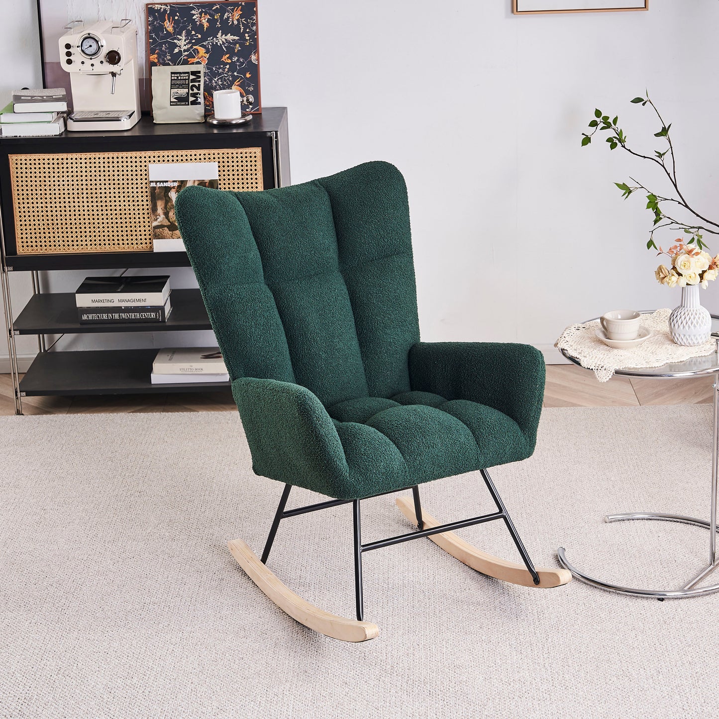 Rocking Chair Nursery, Solid Wood Legs Reading Chair with Teddy Fabric Upholstered, Nap Armchair for Living Rooms, Bedrooms, Offices, Best Gift,Emerald Teddy fabric